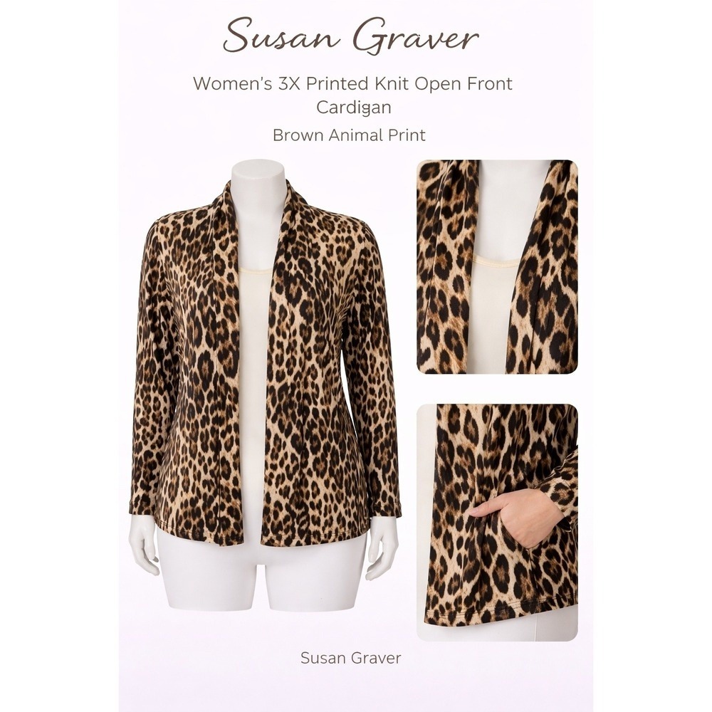 Susan Graver Womens 3X Brown Leopard Animal Print Open Front Cardigan A226134
